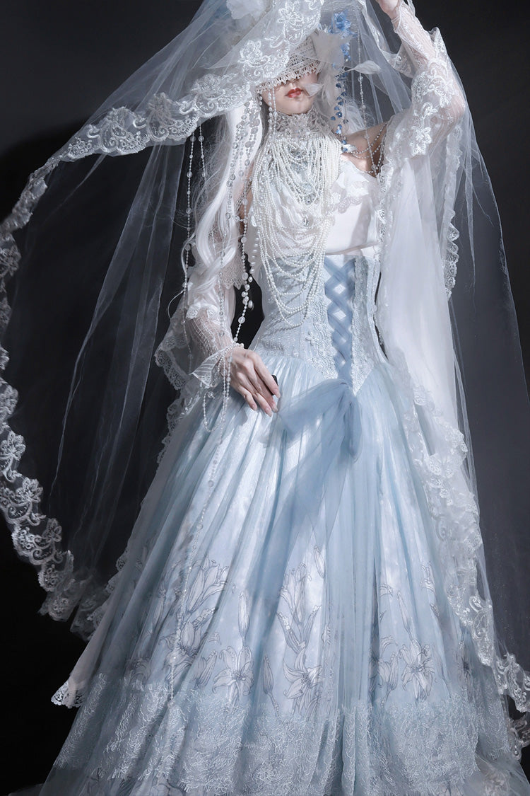 Lolita Skirt - Snow Lily, Blue, Sweet Style, Bow Detail, Lace Trim - additional product view 8