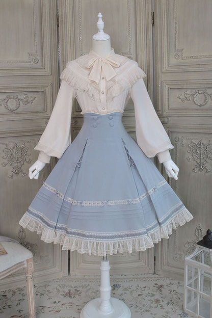 Lolita Skirt - Solid Color Baroque Manor, 3 Colors, High Waist, Bow Detail, Ruffled - XS Blue / S Blue / M Blue option
