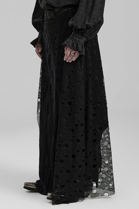 Lolita Skirt - Stitching Irregular Mesh Ripped, Black, Long Length, Men's Style - additional product view 2