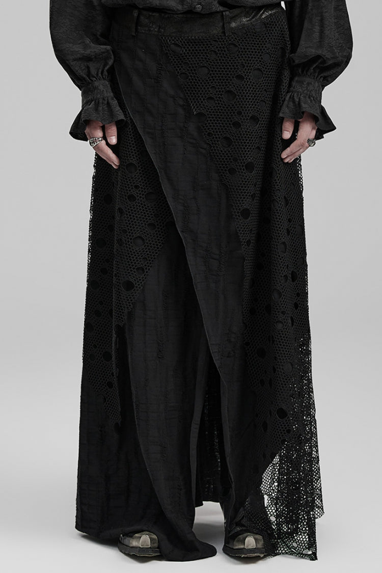 Lolita Skirt - Stitching Irregular Mesh Ripped, Black, Long Length, Men's Style - main product image