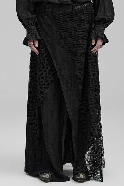 Lolita Skirt - Stitching Irregular Mesh Ripped, Black, Long Length, Men's Style - main product image