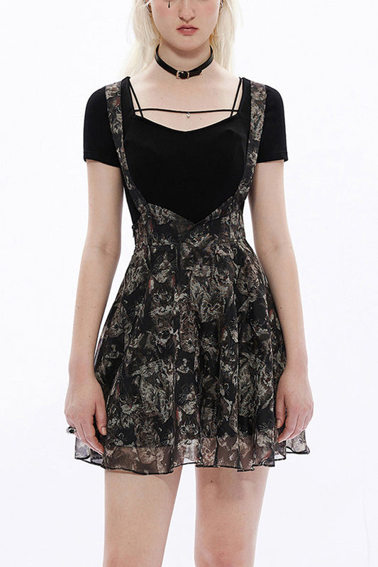 Lolita Skirt - Super Cool Chiffon, Black, Women's Style, Lace Trim, Printed - main product image