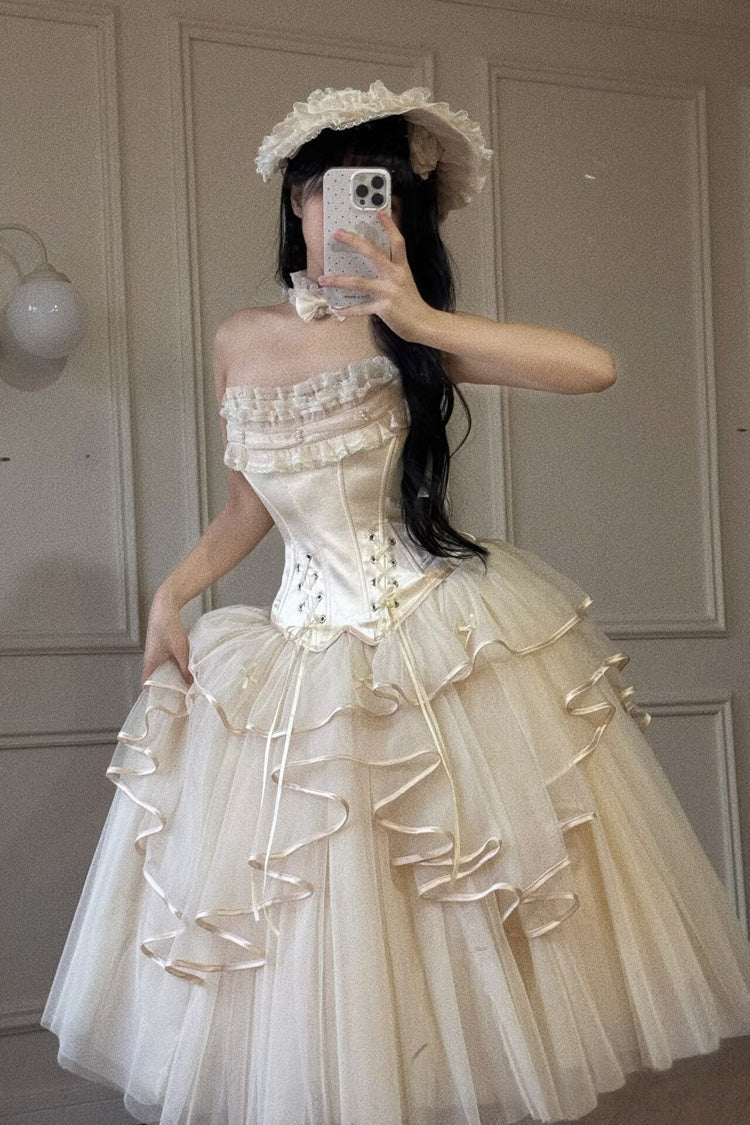 Lolita Skirt - The Summer Waves Sparkle, Ivory, Square Collar, Ruffled, Layered - main product image