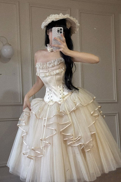 Lolita Skirt - The Summer Waves Sparkle, Ivory, Square Collar, Ruffled, Layered - main product image