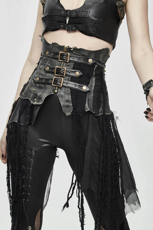 Lolita Skirt - Vintage Leather Patchwork, Black, Women's Style, Lace Trim, Punk Style - additional product view 2
