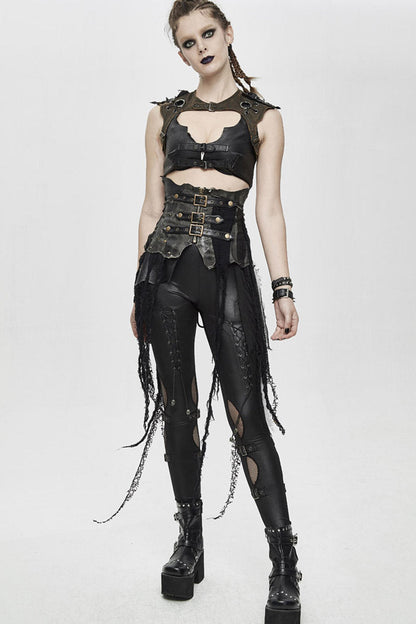 Lolita Skirt - Vintage Leather Patchwork, Black, Women's Style, Lace Trim, Punk Style - additional product view 4