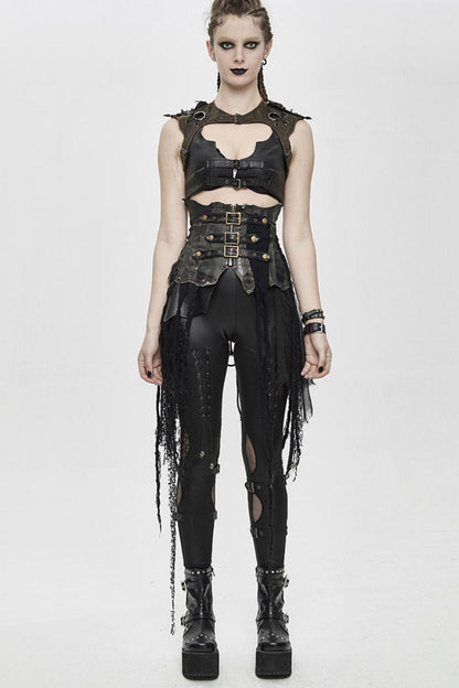 Lolita Skirt - Vintage Leather Patchwork, Black, Women's Style, Lace Trim, Punk Style - additional product view 5