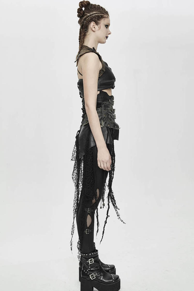 Lolita Skirt - Vintage Leather Patchwork, Black, Women's Style, Lace Trim, Punk Style - additional product view 6