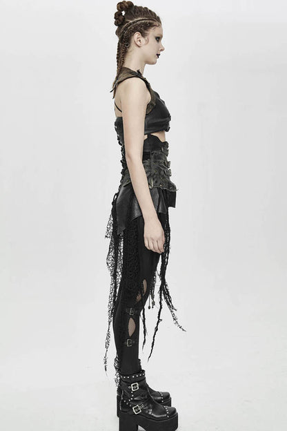 Lolita Skirt - Vintage Leather Patchwork, Black, Women's Style, Lace Trim, Punk Style - additional product view 6