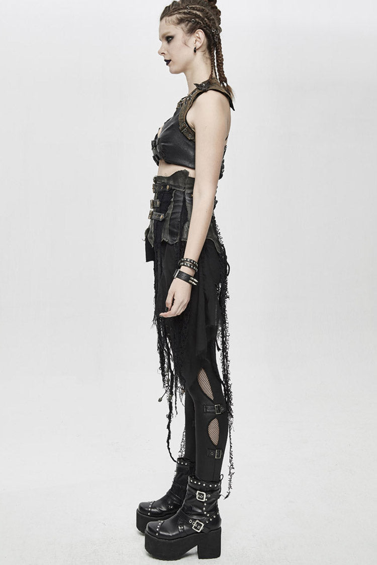 Lolita Skirt - Vintage Leather Patchwork, Black, Women's Style, Lace Trim, Punk Style - additional product view 7