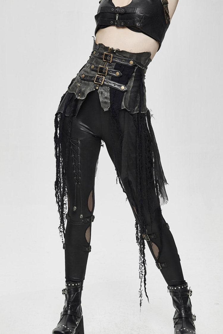 Lolita Skirt - Vintage Leather Patchwork, Black, Women's Style, Lace Trim, Punk Style - additional product view 9