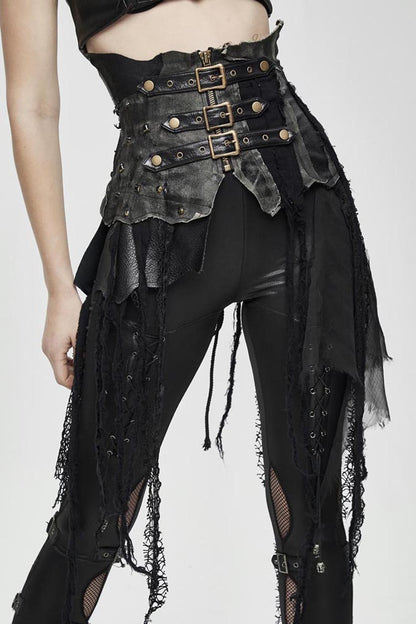 Lolita Skirt - Vintage Leather Patchwork, Black, Women's Style, Lace Trim, Punk Style - main product image