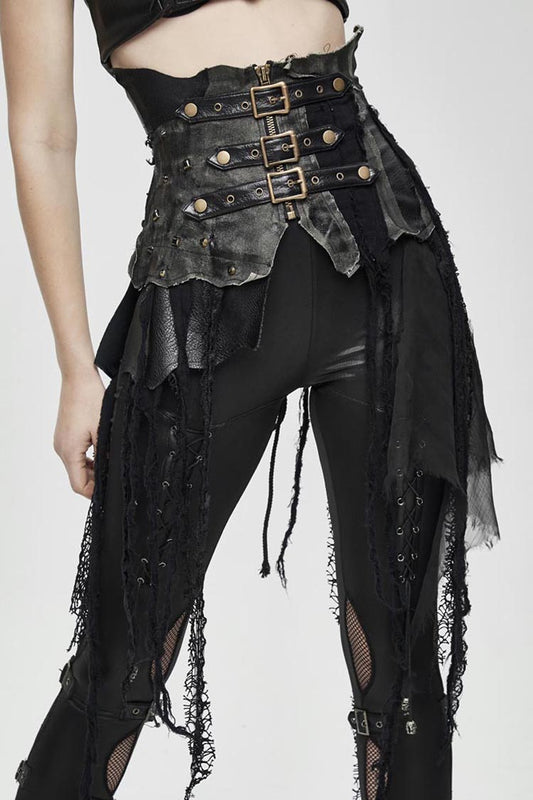 Lolita Skirt - Vintage Leather Patchwork, Black, Women's Style, Lace Trim, Punk Style - main product image