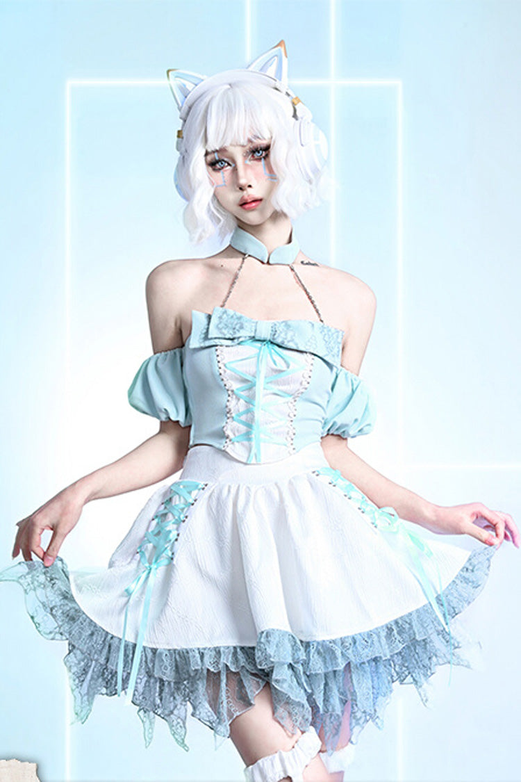 Lolita Skirt - Virtual Idol, White, Lace Trim, Ruffled, Lace-Up - additional product view 2