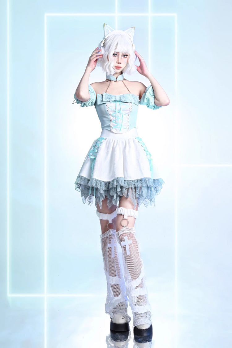 Lolita Skirt - Virtual Idol, White, Lace Trim, Ruffled, Lace-Up - additional product view 3