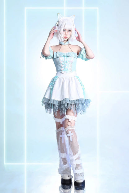 Lolita Skirt - Virtual Idol, White, Lace Trim, Ruffled, Lace-Up - additional product view 3