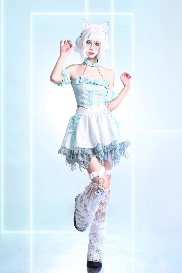 Lolita Skirt - Virtual Idol, White, Lace Trim, Ruffled, Lace-Up - additional product view 4