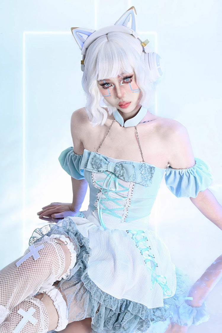 Lolita Skirt - Virtual Idol, White, Lace Trim, Ruffled, Lace-Up - additional product view 5