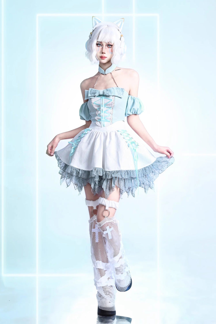 Lolita Skirt - Virtual Idol, White, Lace Trim, Ruffled, Lace-Up - additional product view 6