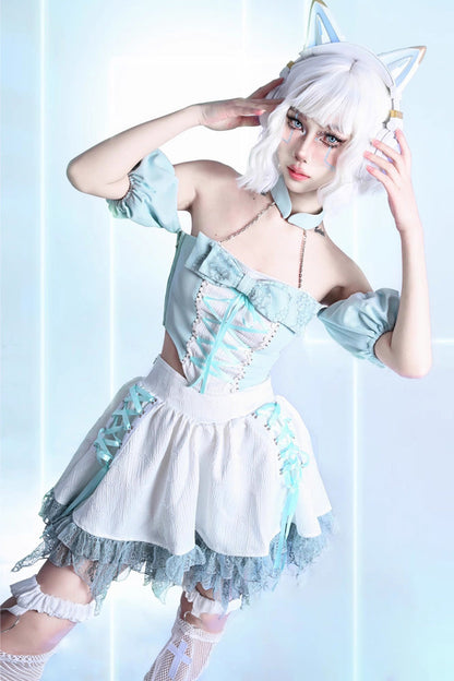 Lolita Skirt - Virtual Idol, White, Lace Trim, Ruffled, Lace-Up - additional product view 7