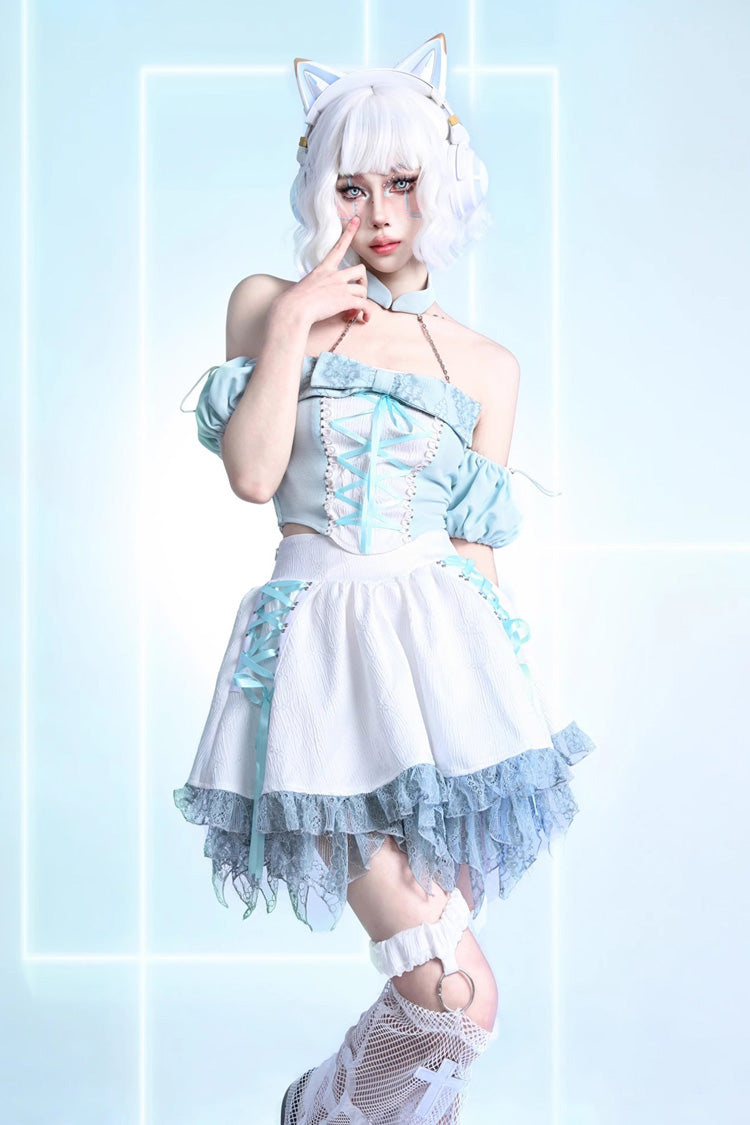 Lolita Skirt - Virtual Idol, White, Lace Trim, Ruffled, Lace-Up - main product image