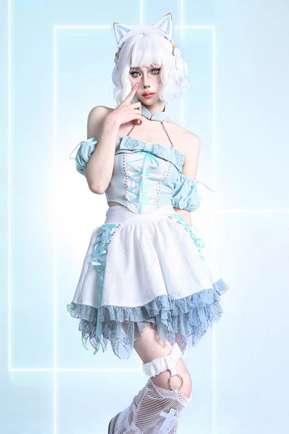 Lolita Skirt - Virtual Idol, White, Lace Trim, Ruffled, Lace-Up - main product image