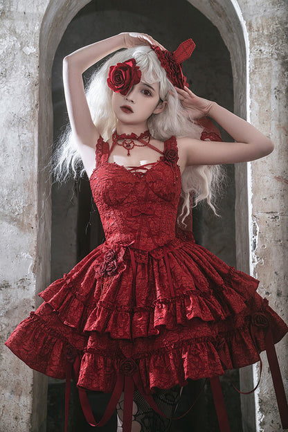 Lolita Skirt - Weeping Rose Double-layered, 4 Colors, Lace Trim, Ruffled, Embroidered - main product image