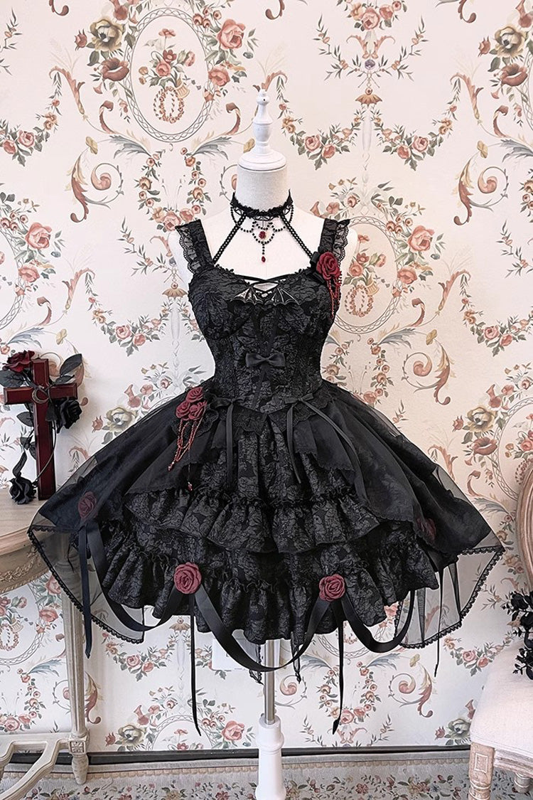 Lolita Skirt - Weeping Rose Double-layered, 4 Colors, Lace Trim, Ruffled, Embroidered - XS Black / S Black / M Black option