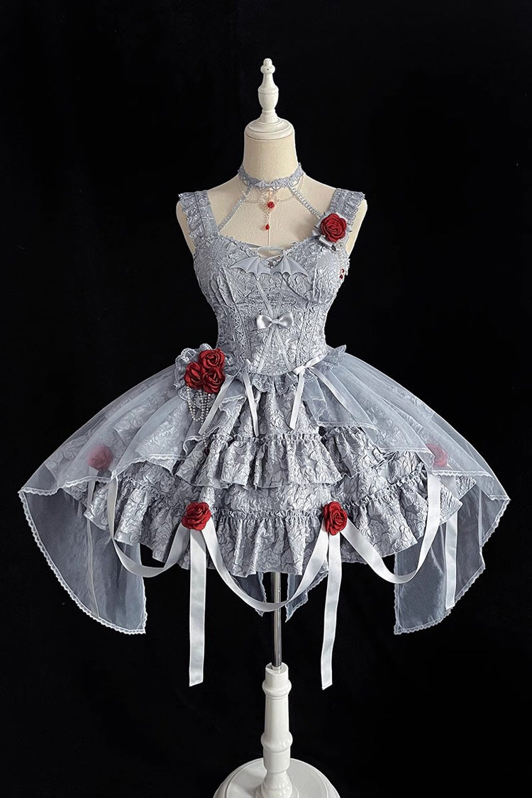 Lolita Skirt - Weeping Rose Double-layered, 4 Colors, Lace Trim, Ruffled, Embroidered - XS Blue/Grey / S Blue/Grey / M Blue/Grey option