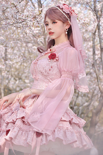 Lolita Skirt - Weeping Rose Double-layered, Pink, Lace Trim, Ruffled, Embroidered - additional product view 2