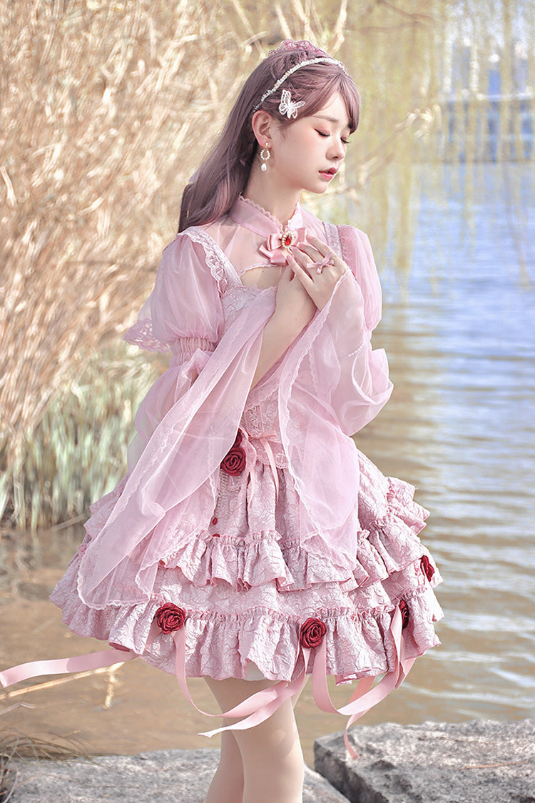 Lolita Skirt - Weeping Rose Double-layered, Pink, Lace Trim, Ruffled, Embroidered - additional product view 3