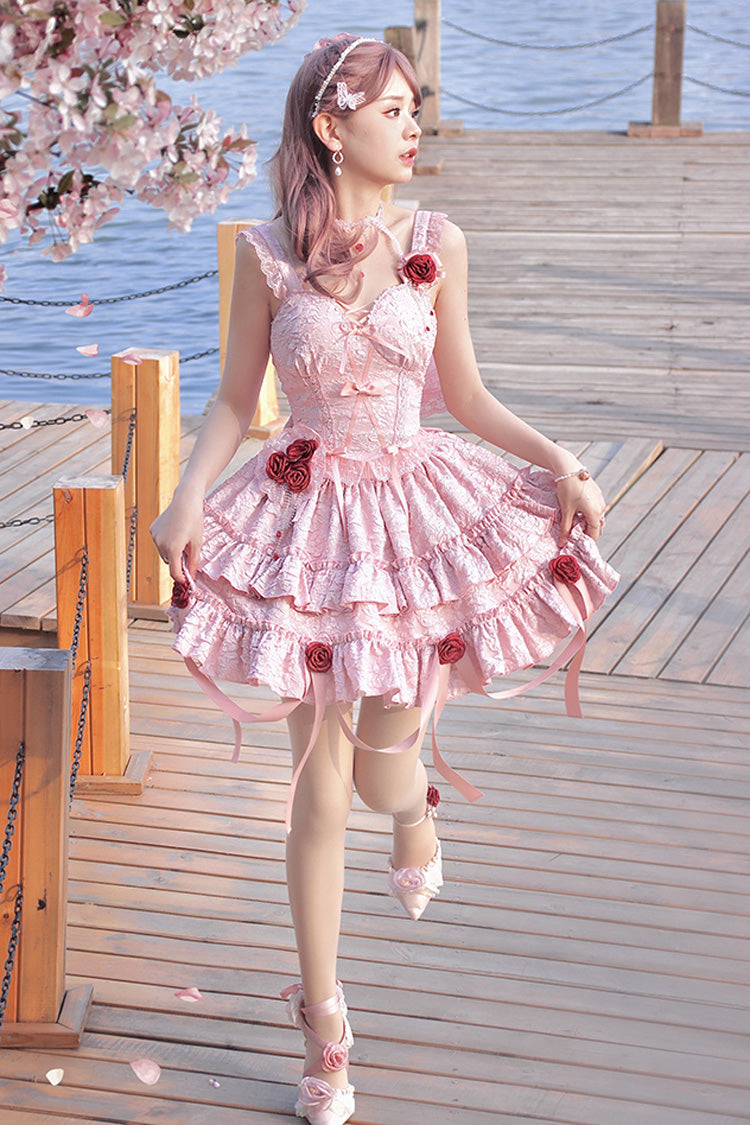 Lolita Skirt - Weeping Rose Double-layered, Pink, Lace Trim, Ruffled, Embroidered - additional product view 4