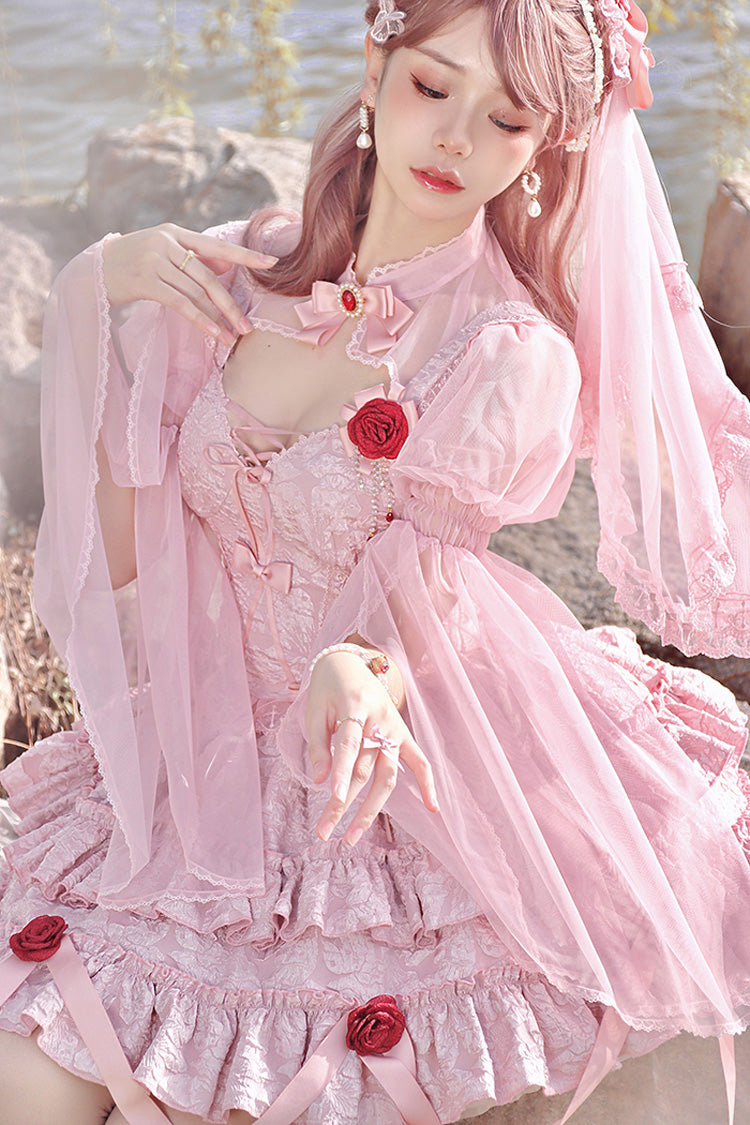 Lolita Skirt - Weeping Rose Double-layered, Pink, Lace Trim, Ruffled, Embroidered - additional product view 5