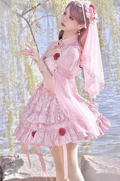 Lolita Skirt - Weeping Rose Double-layered, Pink, Lace Trim, Ruffled, Embroidered - additional product view 6
