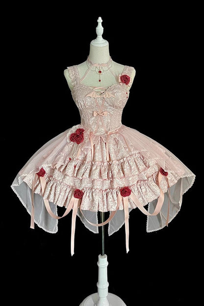 Lolita Skirt - Weeping Rose Double-layered, Pink, Lace Trim, Ruffled, Embroidered - additional product view 7