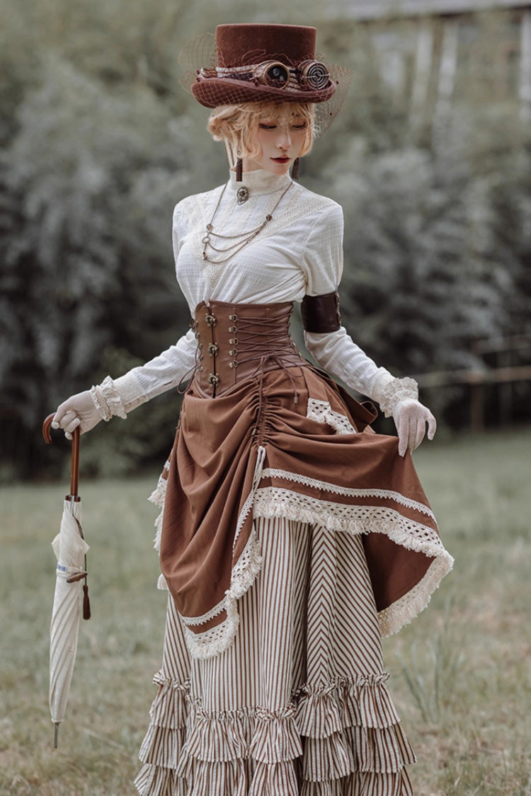 Lolita Skirt - White/brown Victorian Style, 2 Colors, Striped, Printed, Layered - additional product view 2