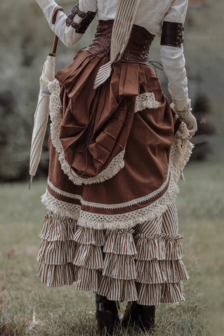 Lolita Skirt - White/brown Victorian Style, 2 Colors, Striped, Printed, Layered - additional product view 3