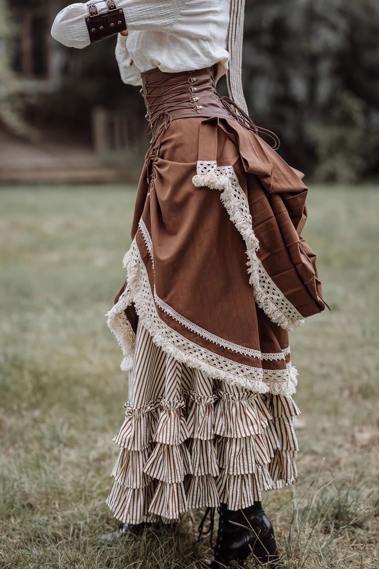 Lolita Skirt - White/brown Victorian Style, 2 Colors, Striped, Printed, Layered - additional product view 4