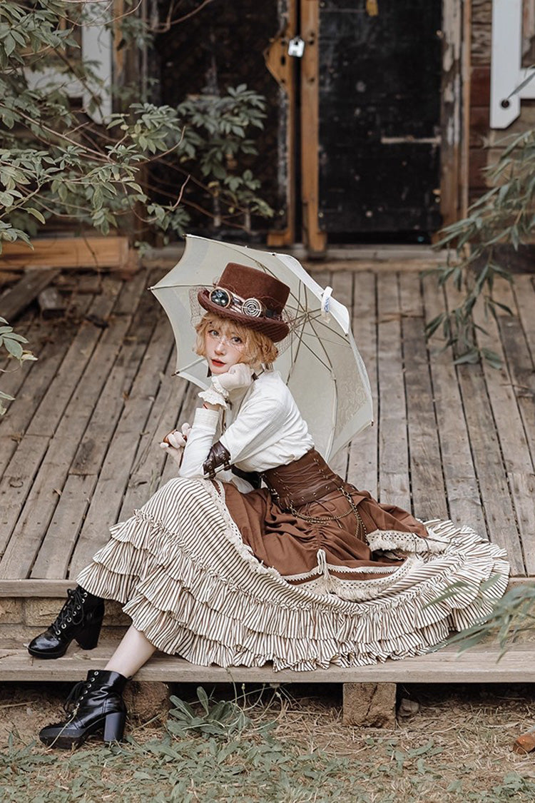 Lolita Skirt - White/brown Victorian Style, 2 Colors, Striped, Printed, Layered - additional product view 5