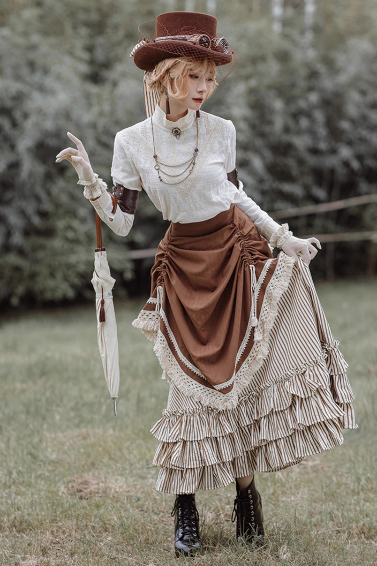 Lolita Skirt - White/brown Victorian Style, 2 Colors, Striped, Printed, Layered - additional product view 6