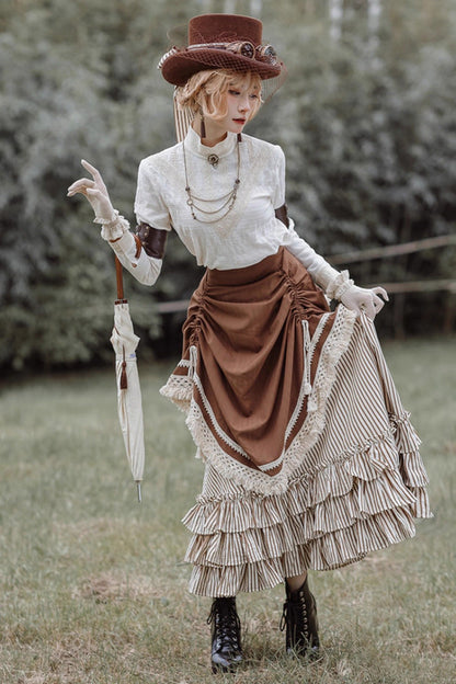 Lolita Skirt - White/brown Victorian Style, 2 Colors, Striped, Printed, Layered - additional product view 6