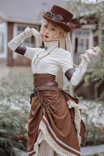 Lolita Skirt - White/brown Victorian Style, 2 Colors, Striped, Printed, Layered - additional product view 7