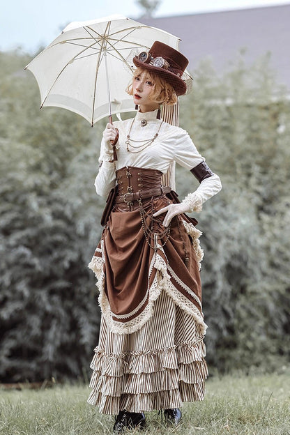 Lolita Skirt - White/brown Victorian Style, 2 Colors, Striped, Printed, Layered - main product image