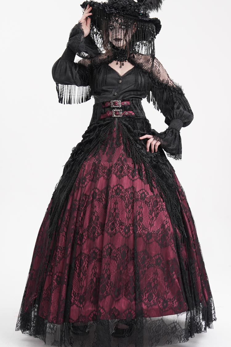 Lolita Skirt - Wine Red Print, Red, Long Length, Buckle Detail, Women's Style - additional product view 2