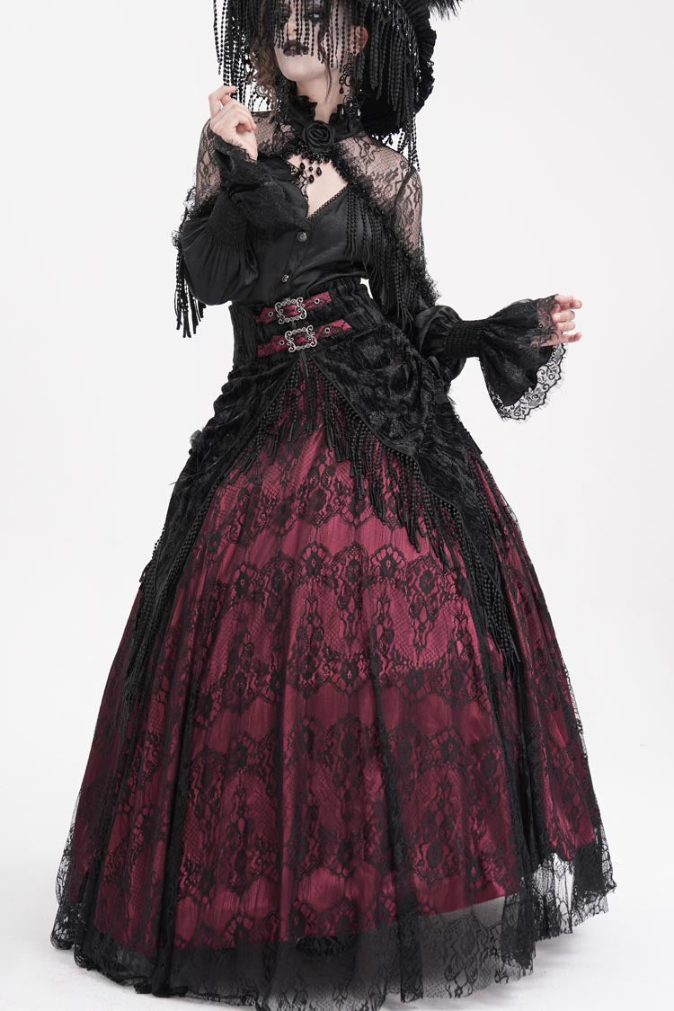 Lolita Skirt - Wine Red Print, Red, Long Length, Buckle Detail, Women's Style - additional product view 5