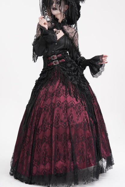 Lolita Skirt - Wine Red Print, Red, Long Length, Buckle Detail, Women's Style - additional product view 5
