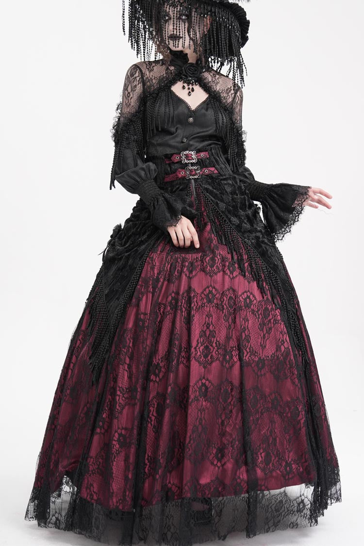 Lolita Skirt - Wine Red Print, Red, Long Length, Buckle Detail, Women's Style - additional product view 6