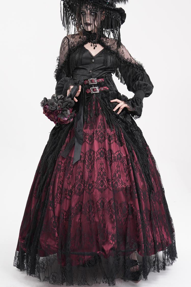 Lolita Skirt - Wine Red Print, Red, Long Length, Buckle Detail, Women's Style - additional product view 7