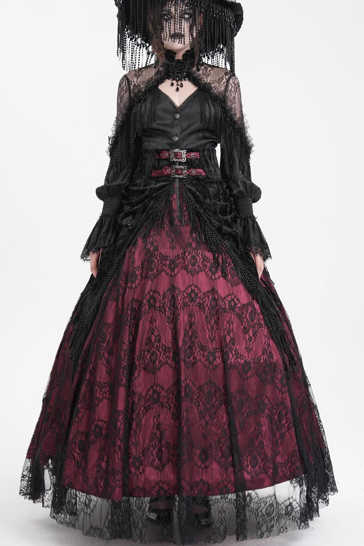 Lolita Skirt - Wine Red Print, Red, Long Length, Buckle Detail, Women's Style - additional product view 8