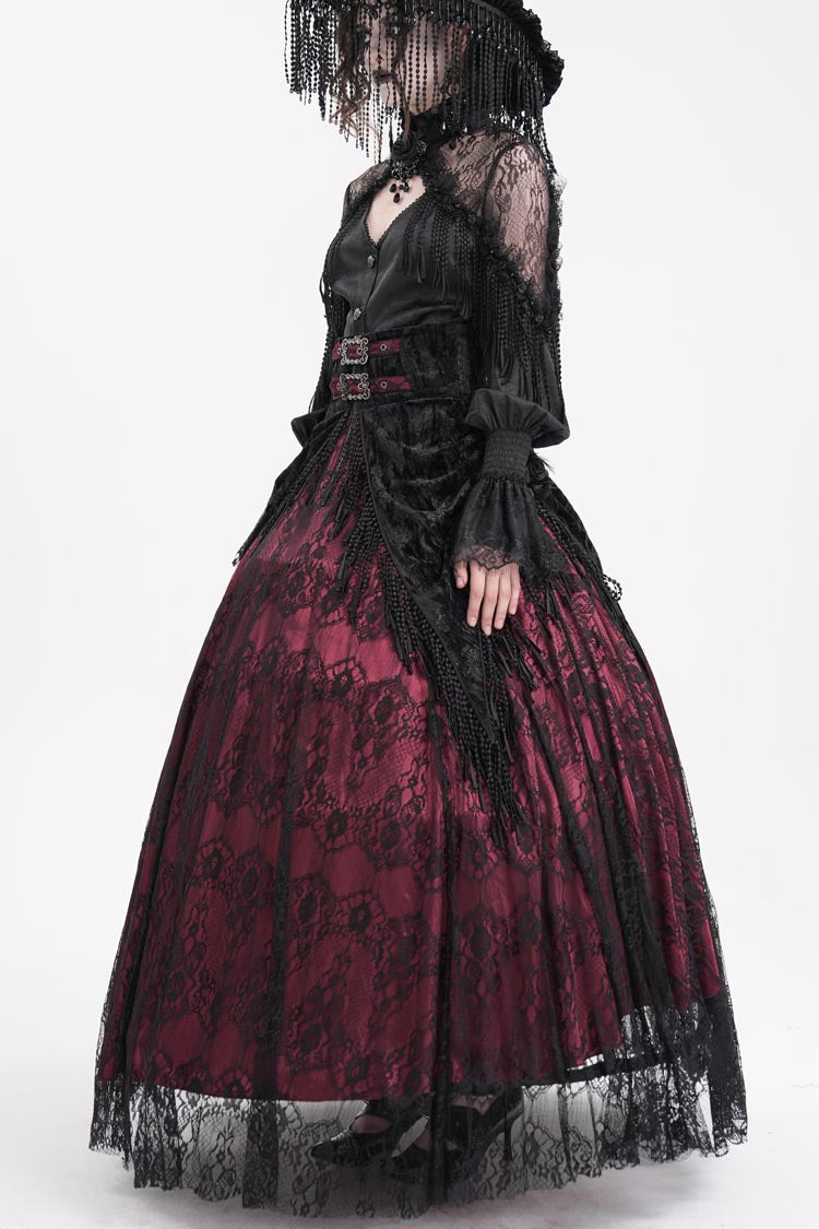 Lolita Skirt - Wine Red Print, Red, Long Length, Buckle Detail, Women's Style - additional product view 9